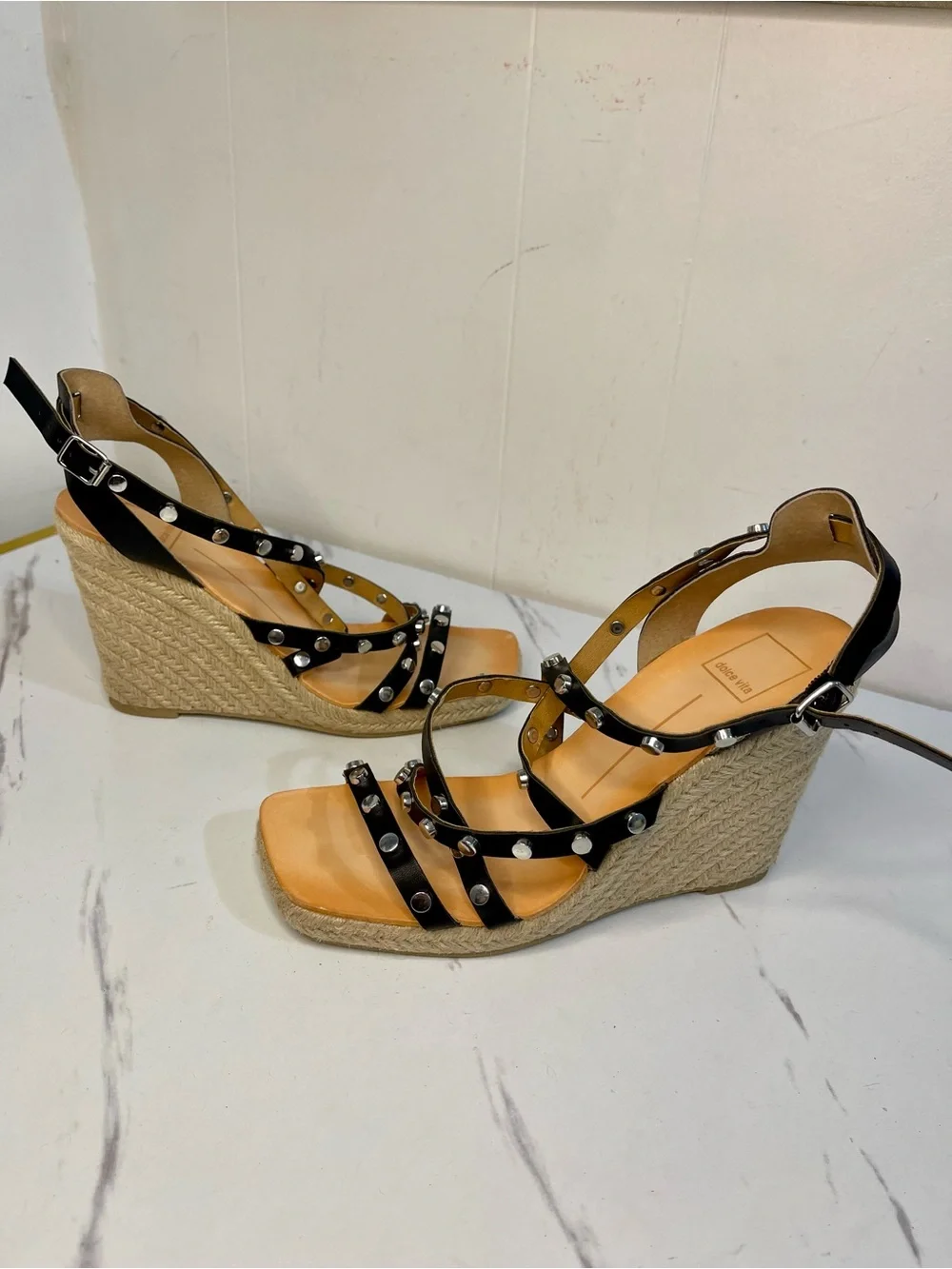Dolce Vita Black Studded Straps Espadrille Wedge Sandal Size 8
